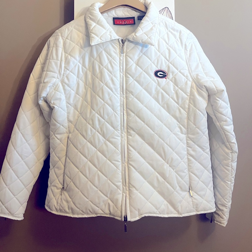 UGA lightweight white double zippered jacket.  Embroidered logo.  Small 4-6.